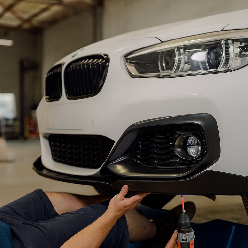 Frontspoiler Lippe wird an einem BMW 1er F20 F21 Facelift 2015-2019 in einer Werkstatt montiert